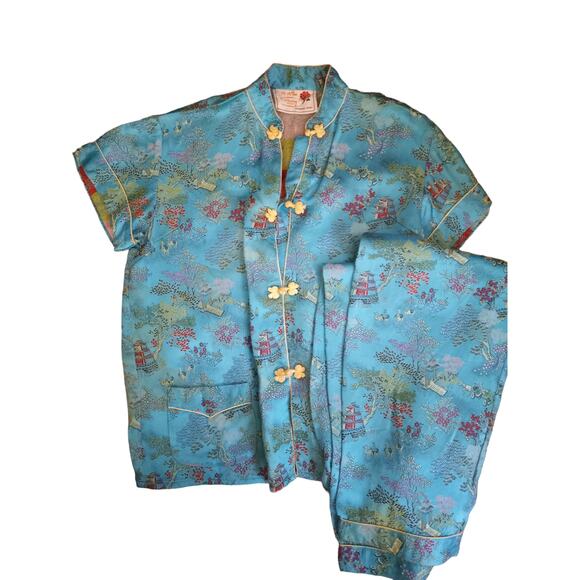 Vntg Peony Shanghai China Silk Jacquard 2pc Set XS Oriental Lounge Quietlux - Picture 1 of 16